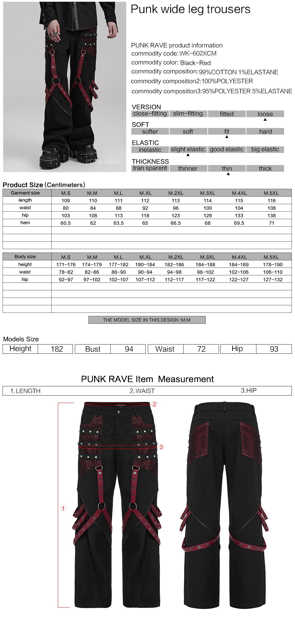 WK-602XCM Gothic Punk Pants with Red Strap Rivet Detailing