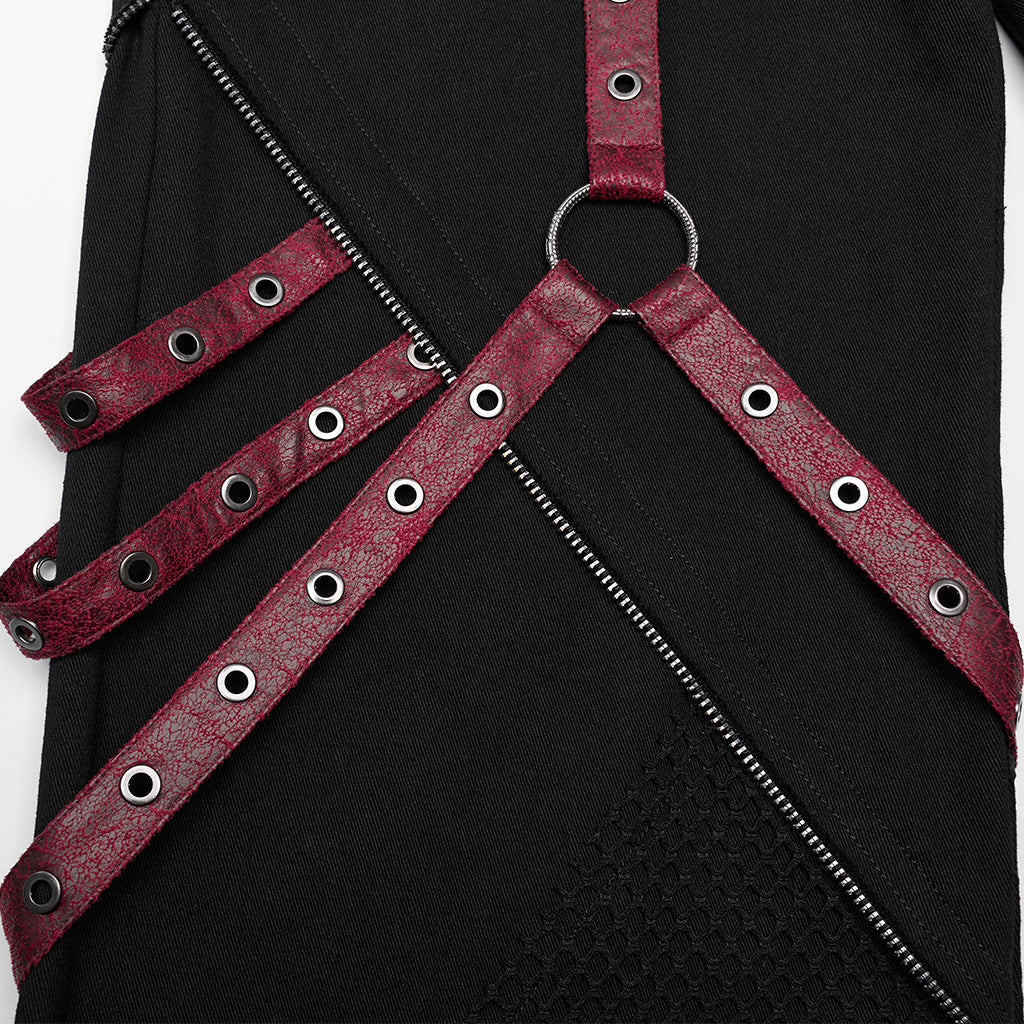 WK-602XCM Gothic Punk Pants with Red Strap Rivet Detailing?-??Punk Rave Clothing