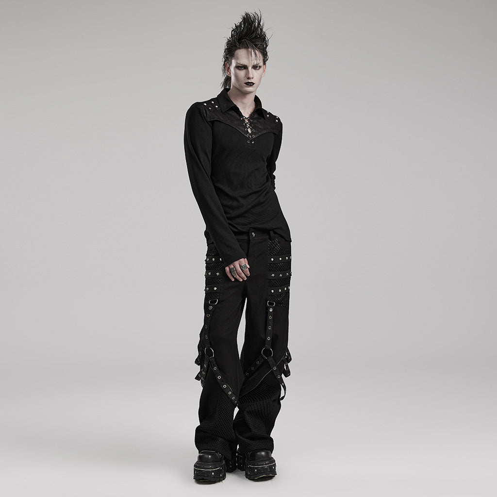 WK-602XCM Gothic Punk Pants with Red Strap Rivet Detailing?-??Punk Rave Clothing