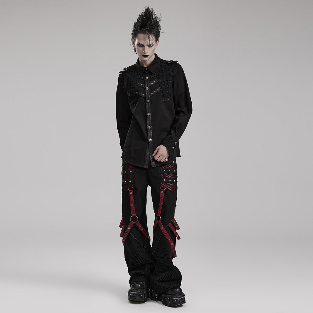WK-602XCM Gothic Punk Pants with Red Strap Rivet Detailing?-??Punk Rave Clothing