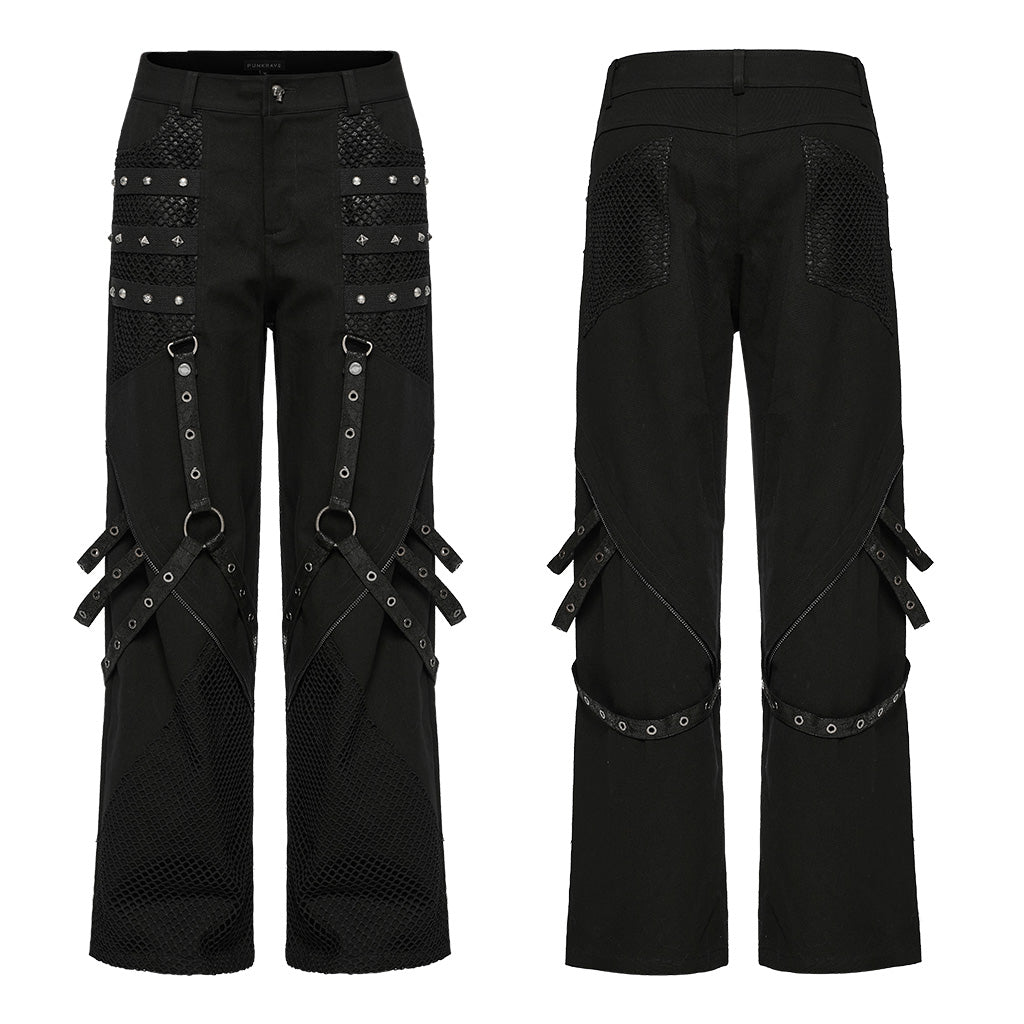 WK-602XCM Gothic Punk Pants with Red Strap Rivet Detailing?-??Punk Rave Clothing