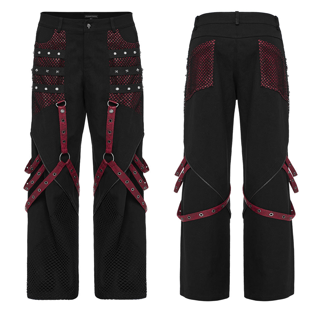 WK-602XCM Gothic Punk Pants with Red Strap Rivet Detailing?-??Punk Rave Clothing