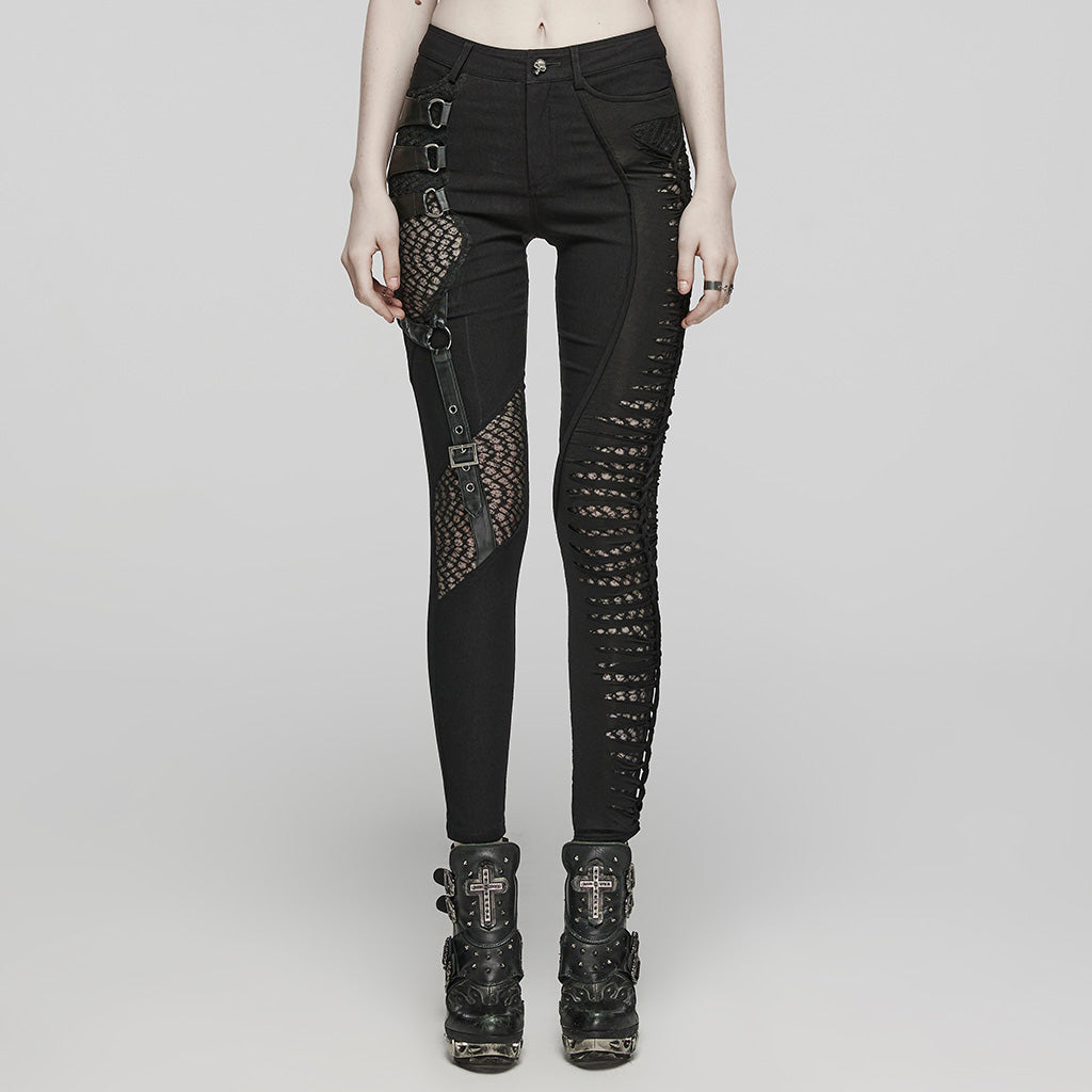 WK-603XCF Gothic Asymmetric Punk Pants with Mesh and Buckle Details