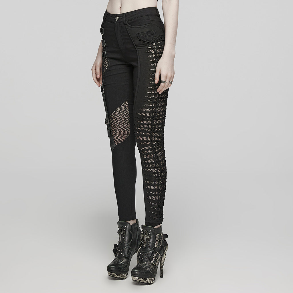 WK-603XCF Gothic Asymmetric Punk Pants with Mesh and Buckle Details