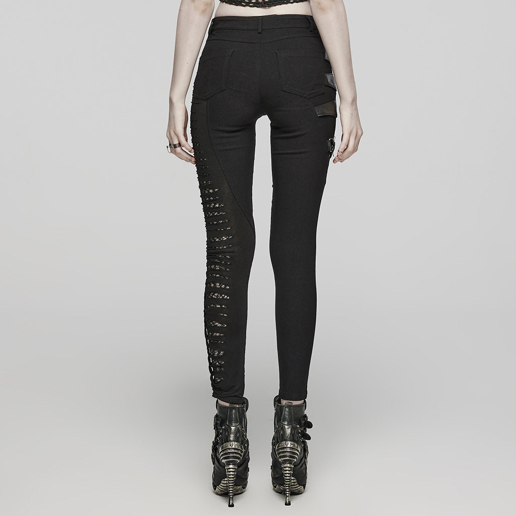 WK-603XCF Gothic Asymmetric Punk Pants with Mesh and Buckle Details