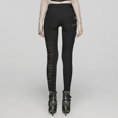 WK-603XCF Gothic Asymmetric Punk Pants with Mesh and Buckle Details