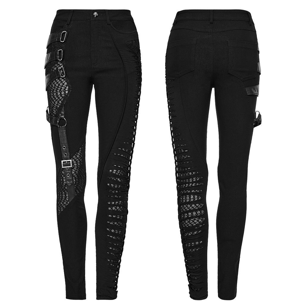 WK-603XCF Gothic Asymmetric Punk Pants with Mesh and Buckle Details