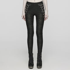 WK-605DDF Gothic Pants Lace Detail High-Waist Slim-Fit Textured Leggings