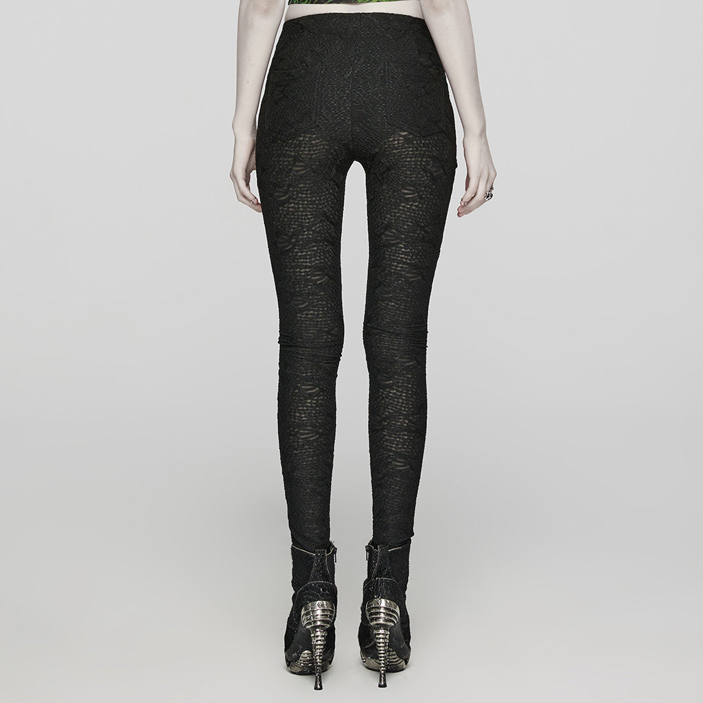 WK-605DDF Gothic Pants Lace Detail High-Waist Slim-Fit Textured Leggings?-??Punk Rave Clothing