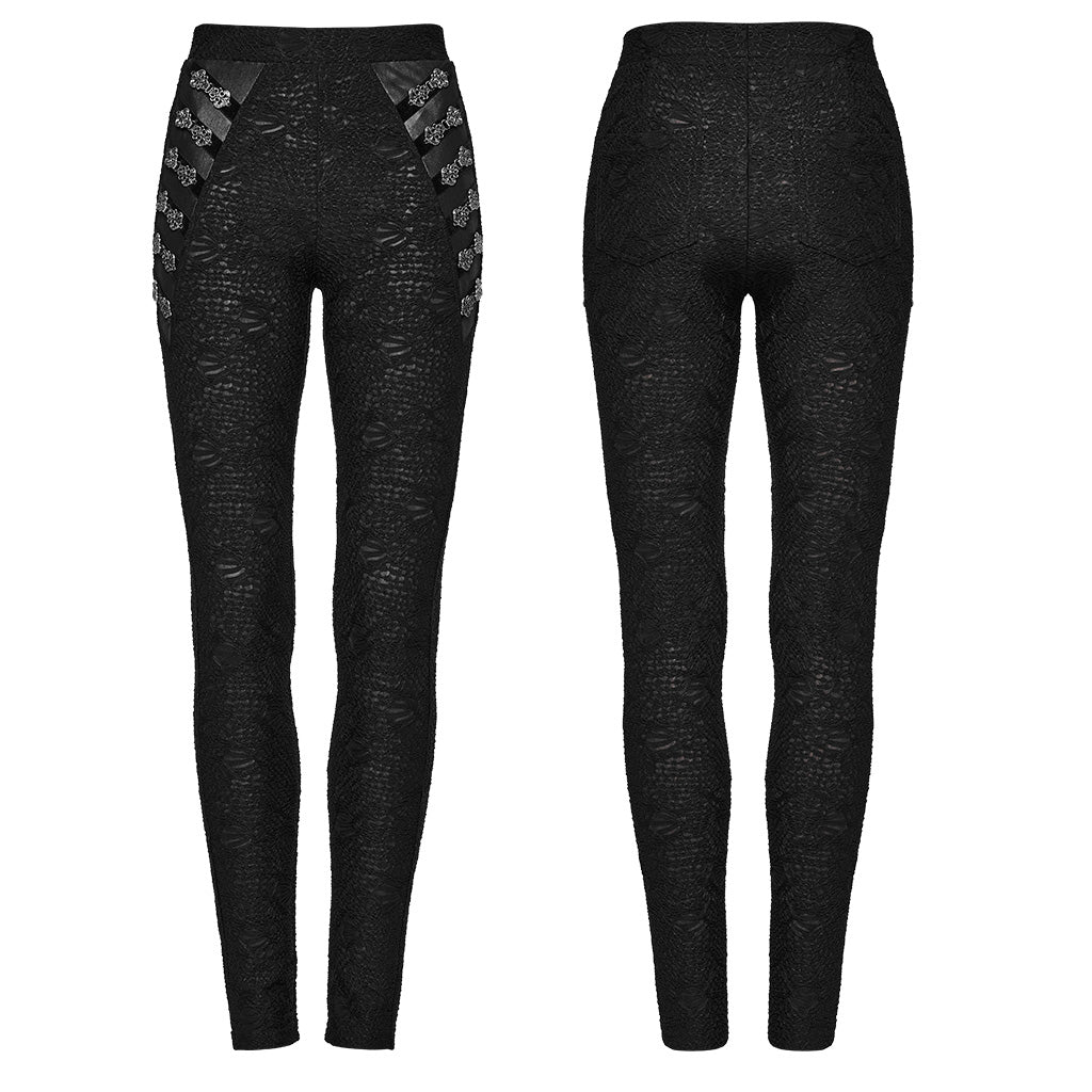 WK-605DDF Gothic Pants Lace Detail High-Waist Slim-Fit Textured Leggings