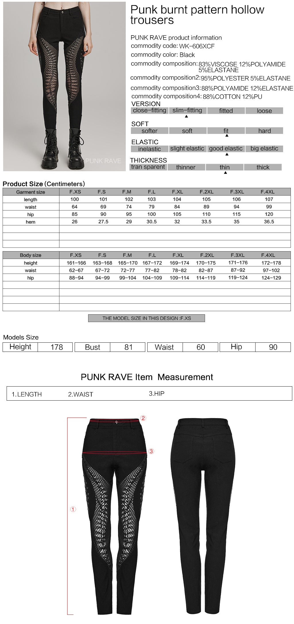 WK-606XCF Mesh Panel Punk Pants with Burnt Pattern Design