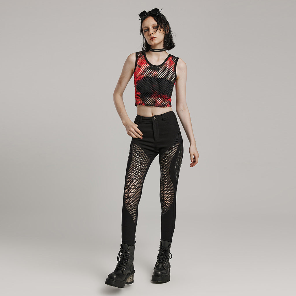 WK-606XCF Mesh Panel Punk Pants with Burnt Pattern Design?-??Punk Rave Clothing