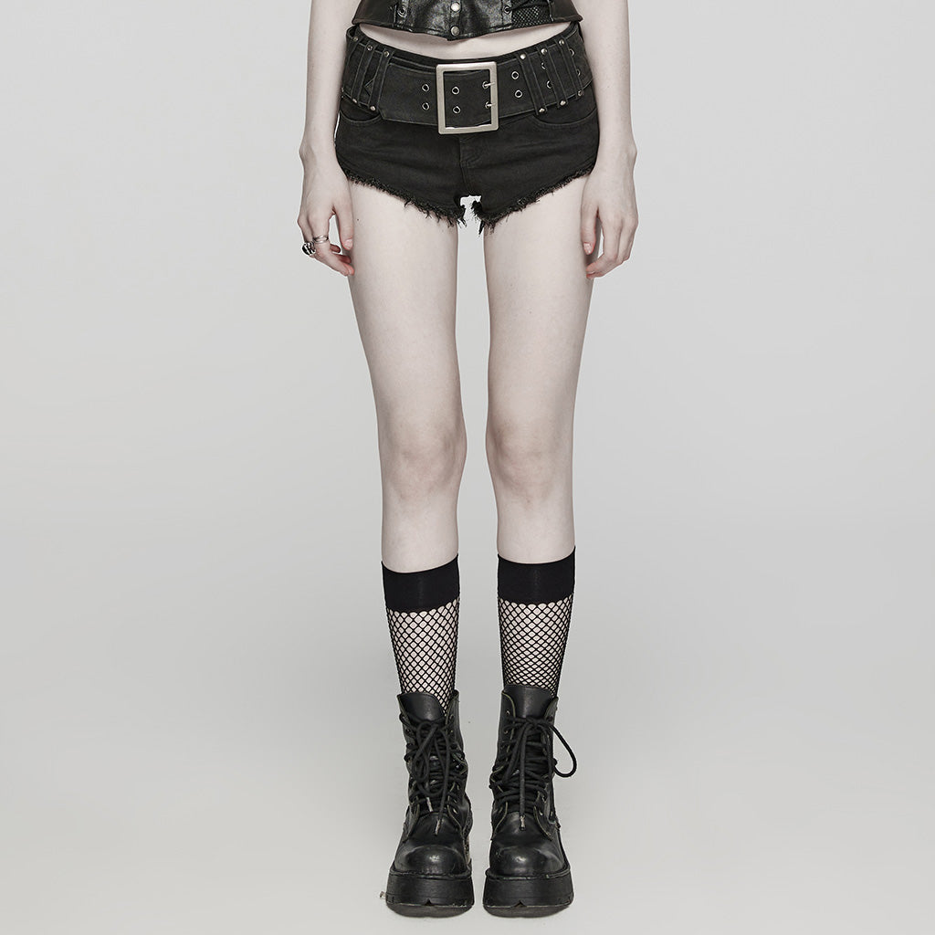 WK-607NDF Edgy High-Waisted Distressed black Denim Punk Pants