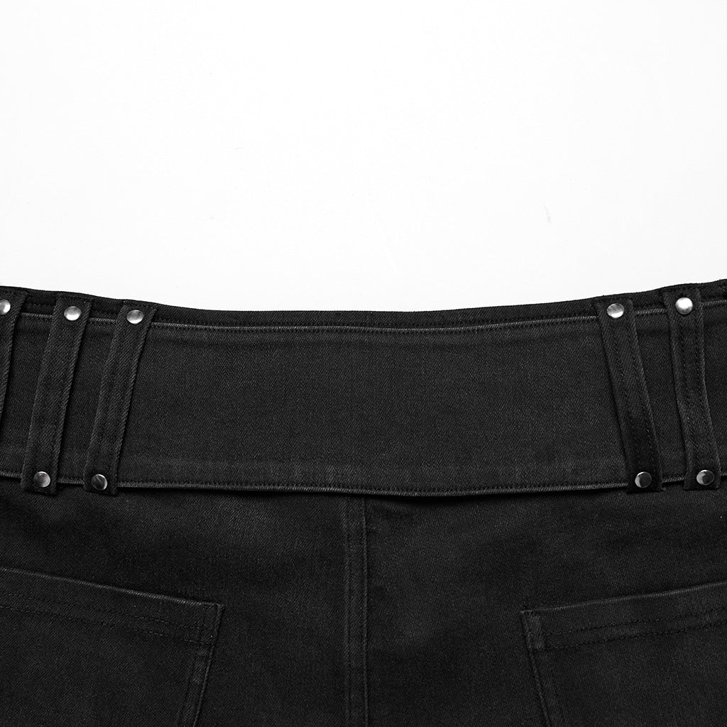 WK-607NDF Edgy High-Waisted Distressed black Denim Punk Pants?-??Punk Rave Clothing
