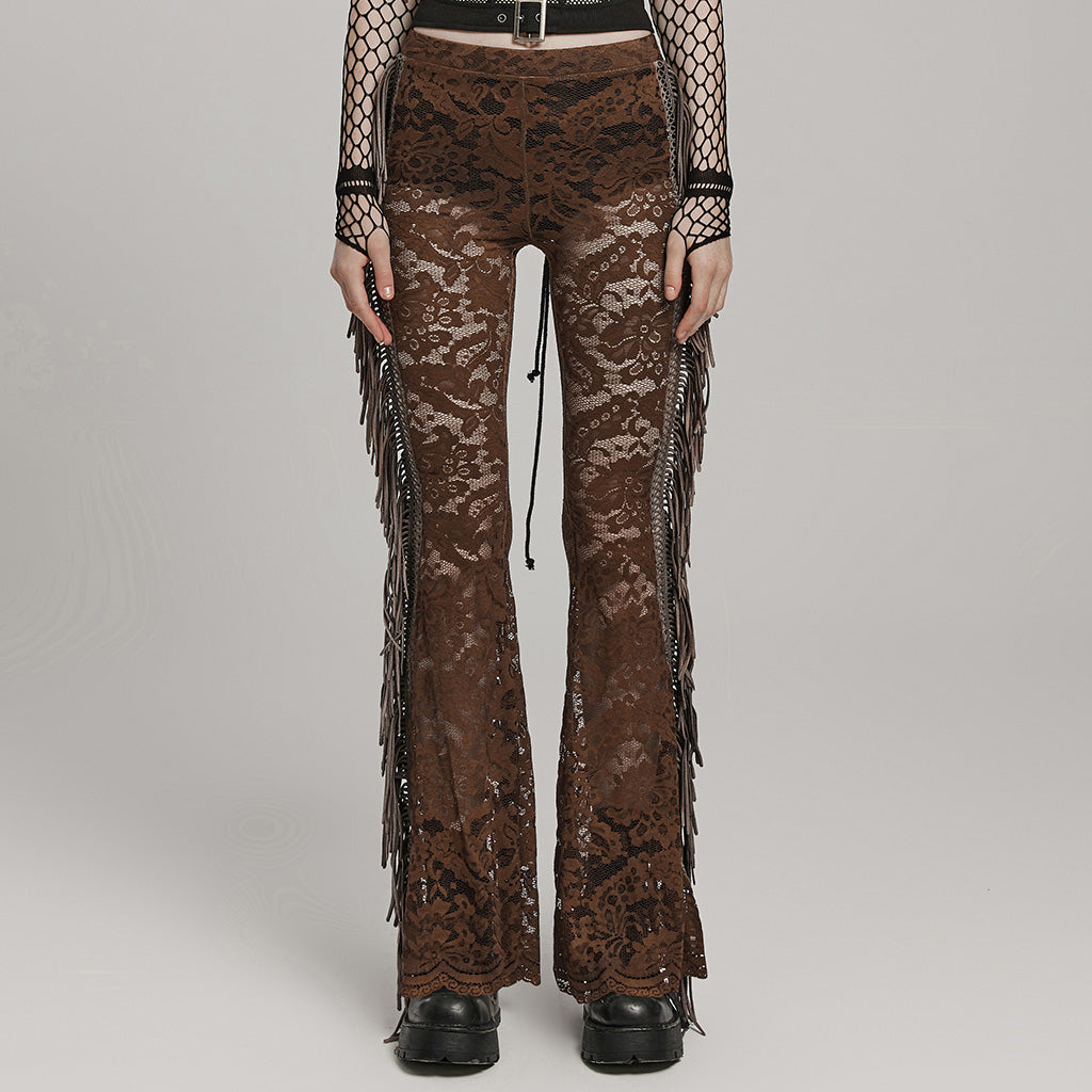 WK-610XCF Elegant Lace Flare Gothic Pants with Fringe Detailing?-??Punk Rave Clothing