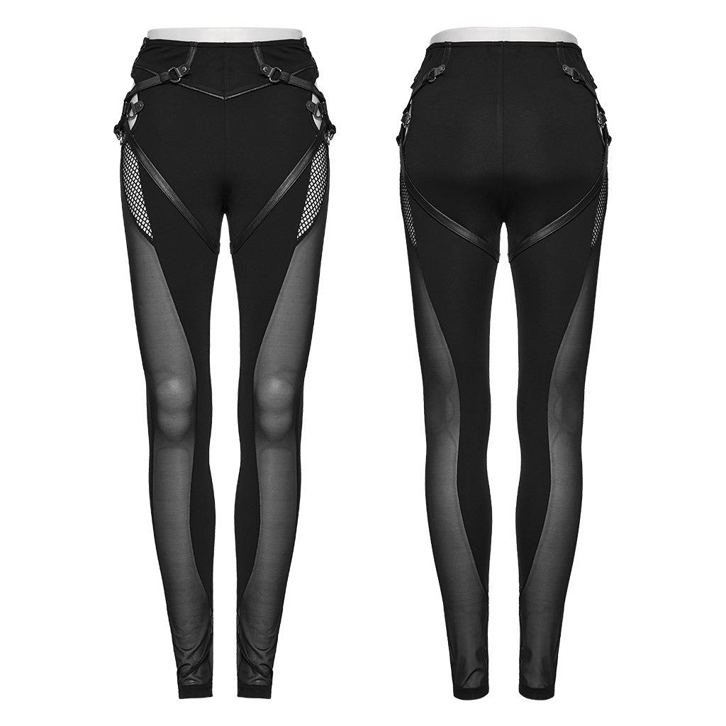 WK-611DDF Gothic Mesh Cutout Punk Pants with Buckle Detailing?-??Punk Rave Clothing