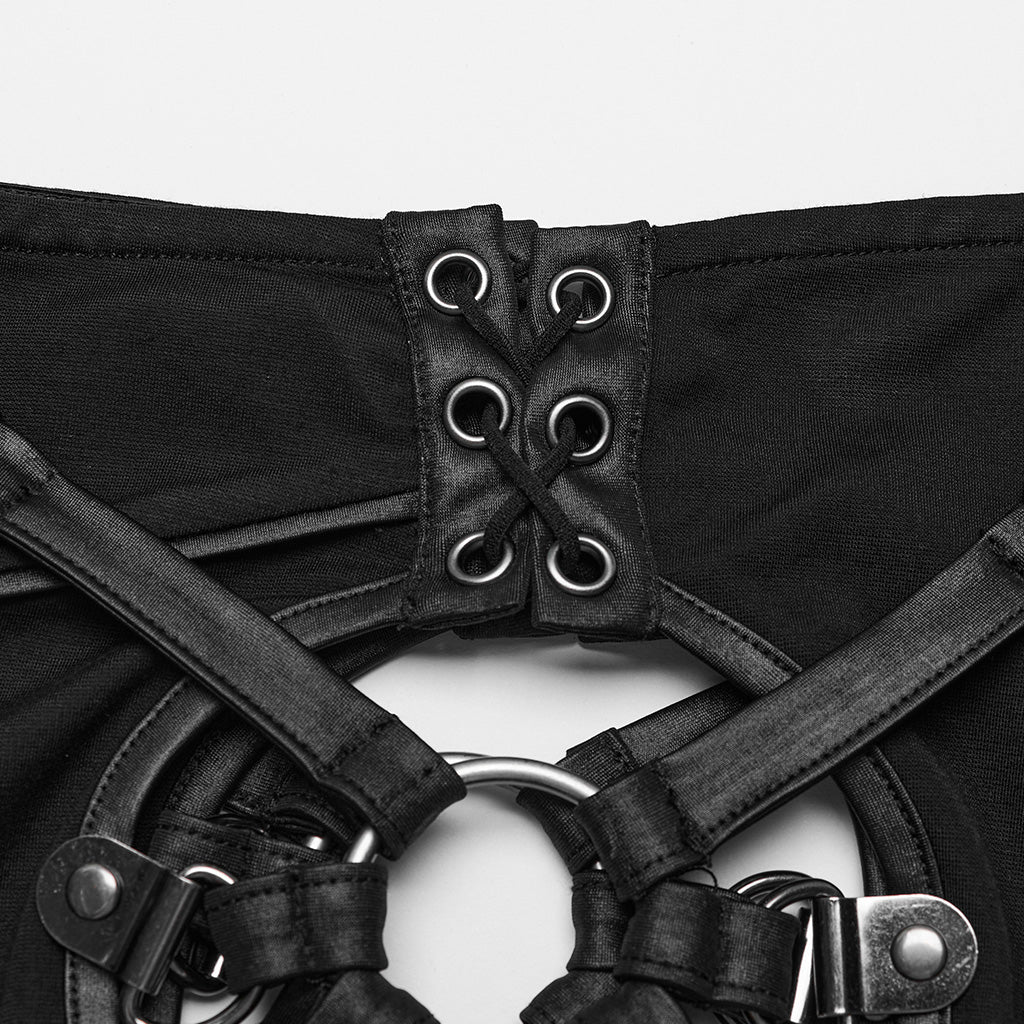 WK-611DDF Gothic Mesh Cutout Punk Pants with Buckle Detailing