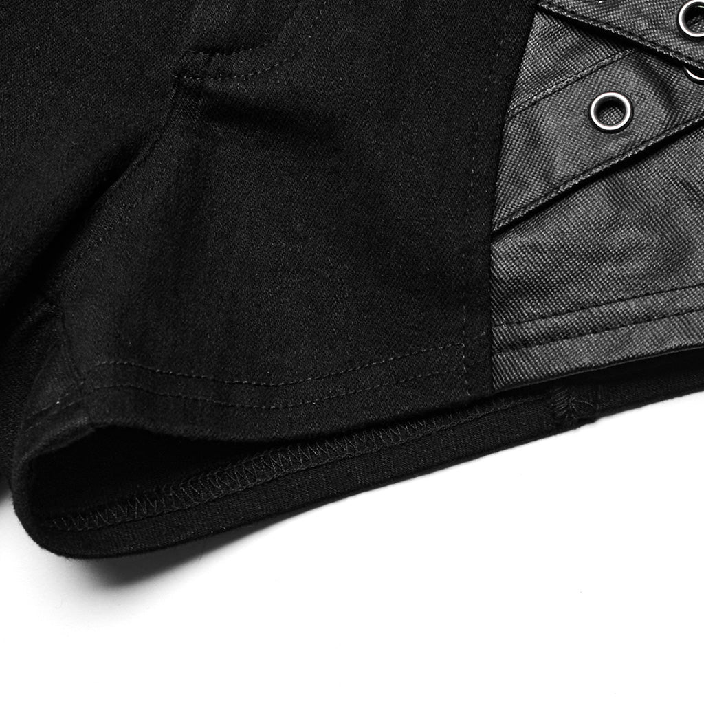 WK-612NDF Gothic Black Leather Accent Punk Pants Shorts Edgy Style