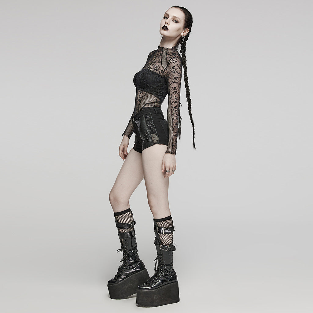 WK-612NDF Gothic Black Leather Accent Punk Pants Shorts Edgy Style