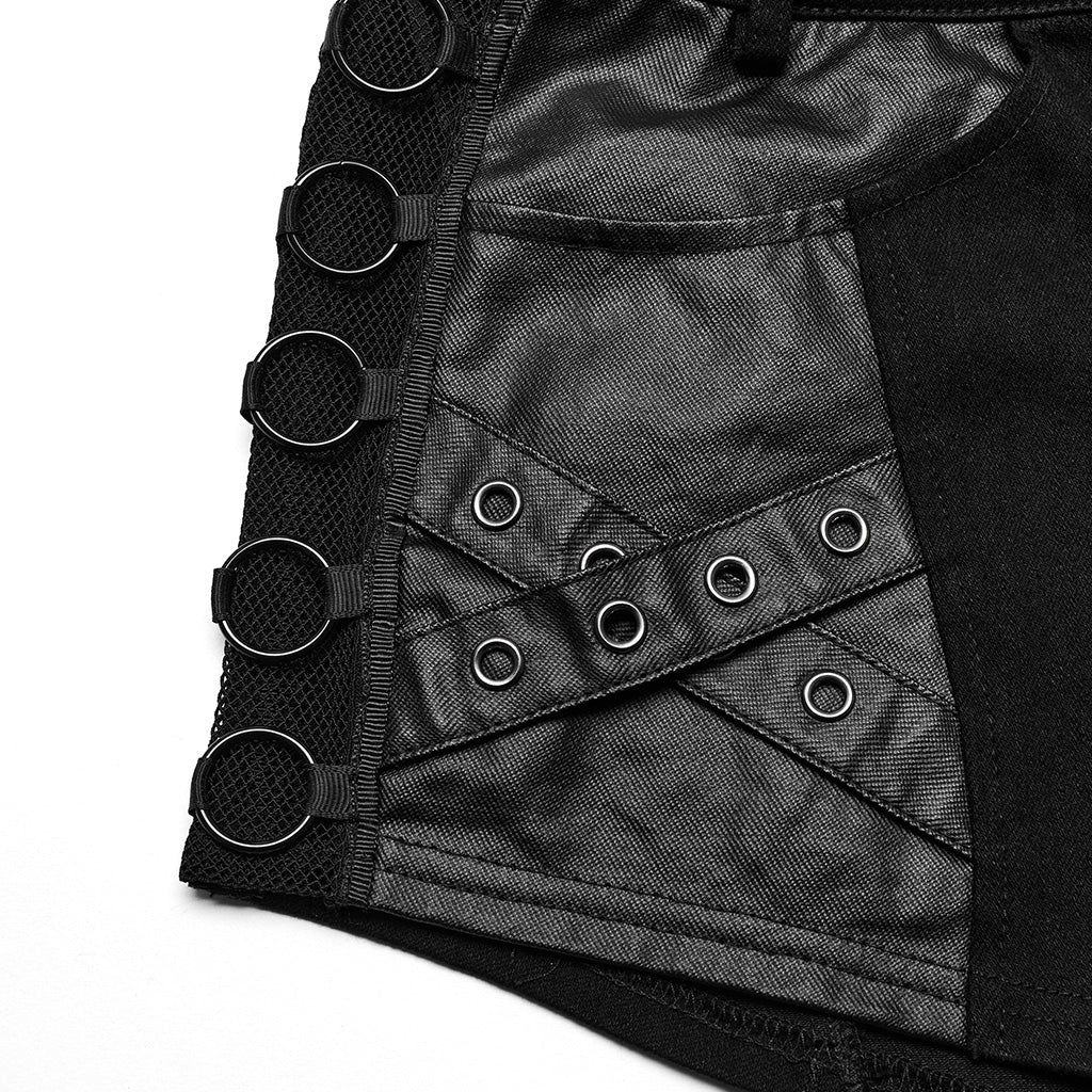 WK-612NDF Gothic Black Leather Accent Punk Pants Shorts Edgy Style