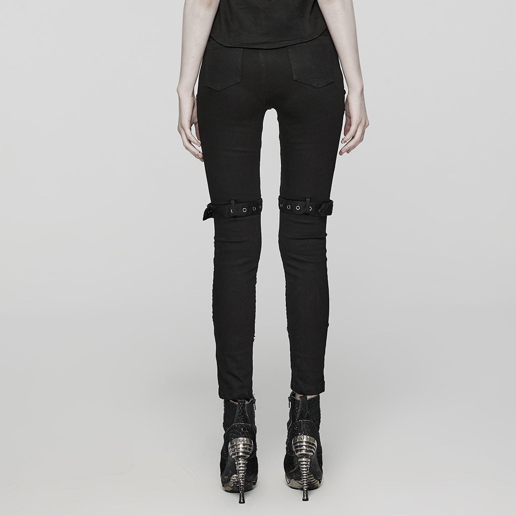 WK-615NCF Edgy Studded Leggings with Mesh Panels and Buckle Straps?-??Punk Rave Clothing