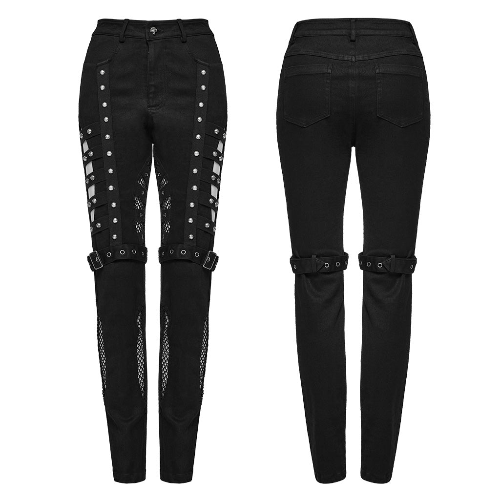 WK-615NCF Edgy Studded Leggings with Mesh Panels and Buckle Straps?-??Punk Rave Clothing