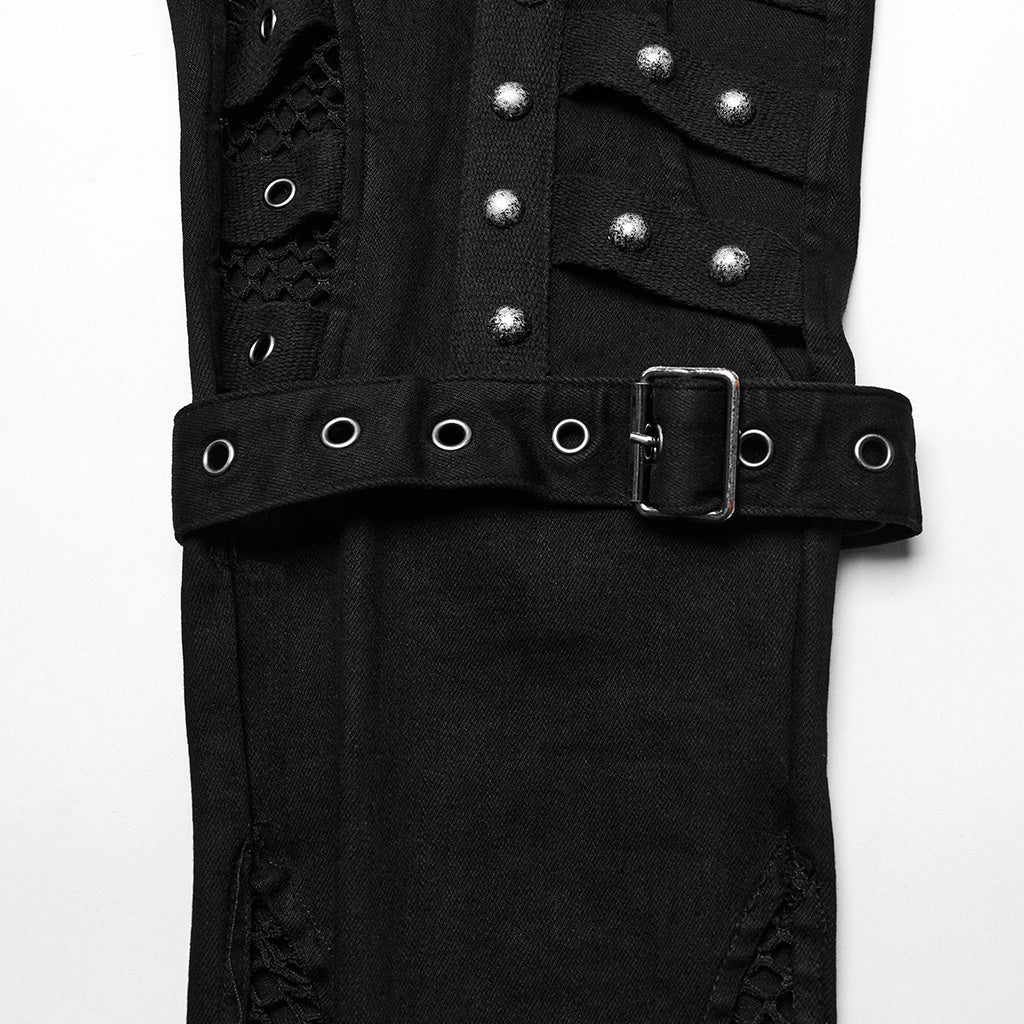 WK-615NCF Edgy Studded Leggings with Mesh Panels and Buckle Straps?-??Punk Rave Clothing