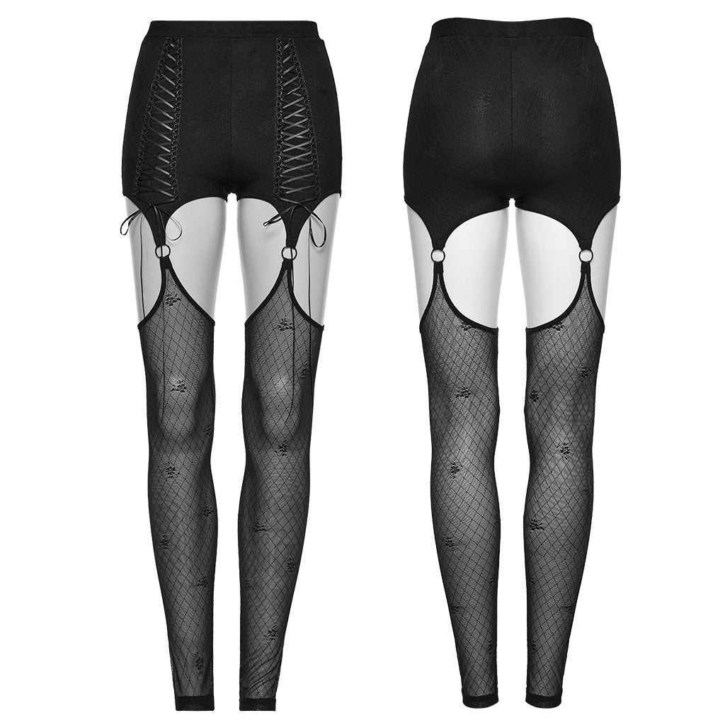 WK-620DDF Lace-Up black Mesh Gothic Pants With Faux Garter Detail?-??Punk Rave Clothing