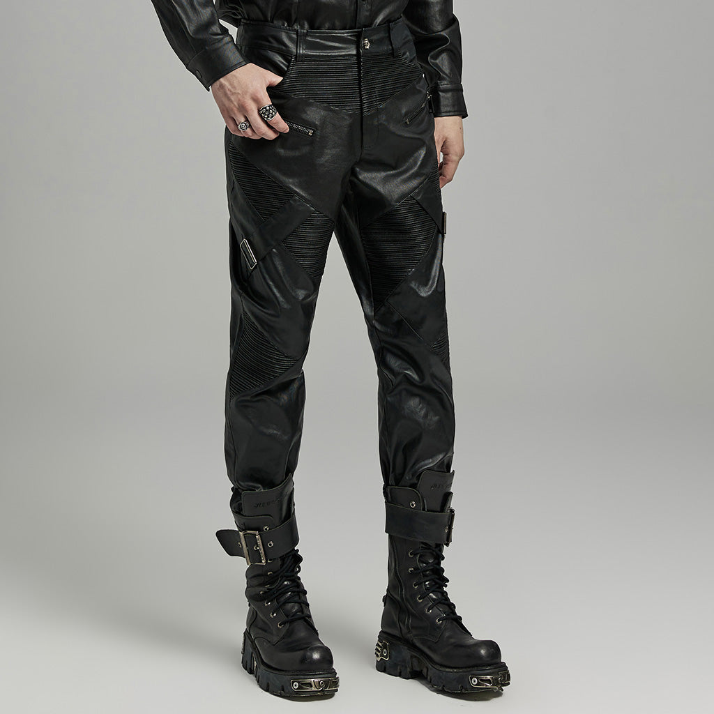 WK-624PCM Mens Slim Fit black Faux Leather Punk Pants?-??Punk Rave Clothing