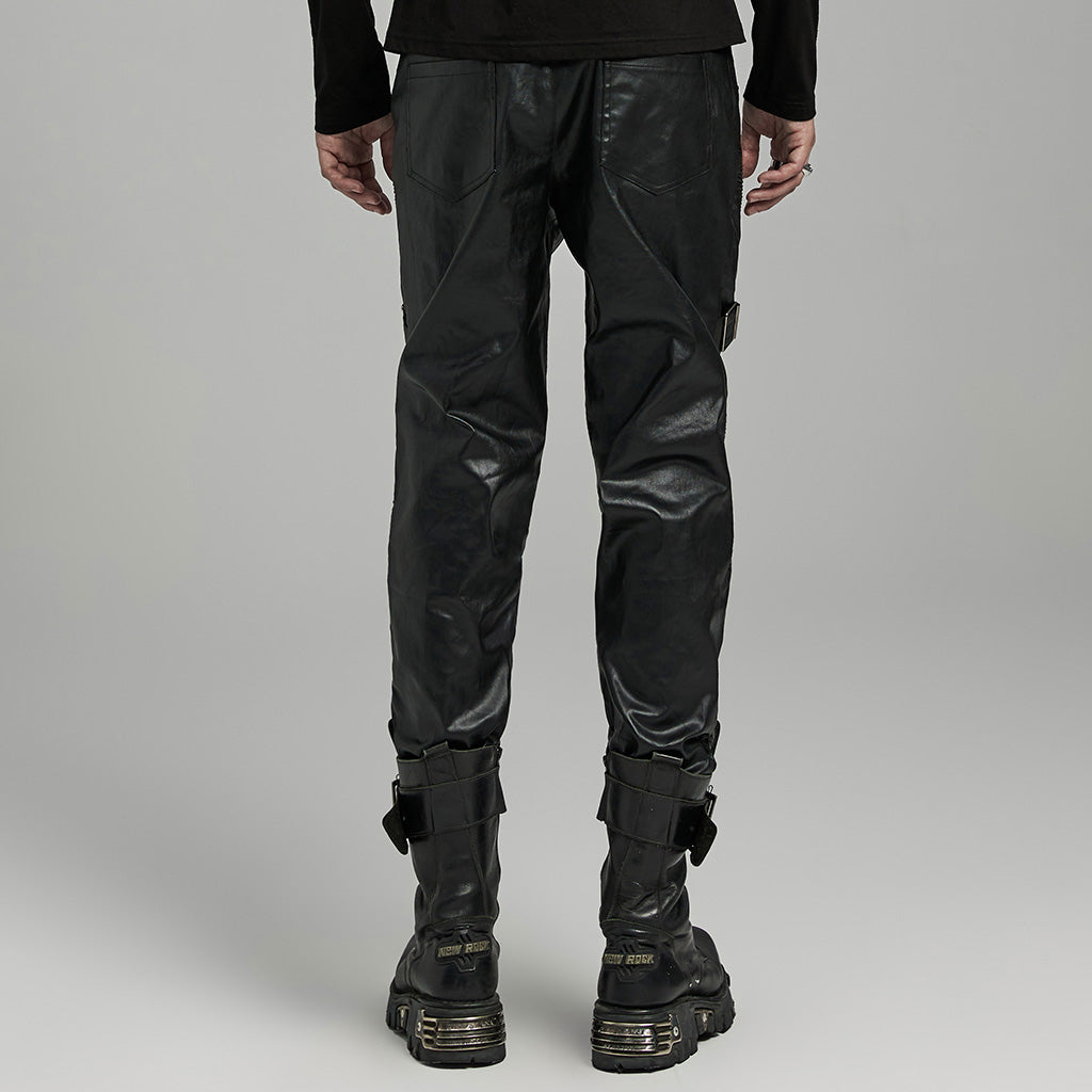 WK-624PCM Mens Slim Fit black Faux Leather Punk Pants?-??Punk Rave Clothing