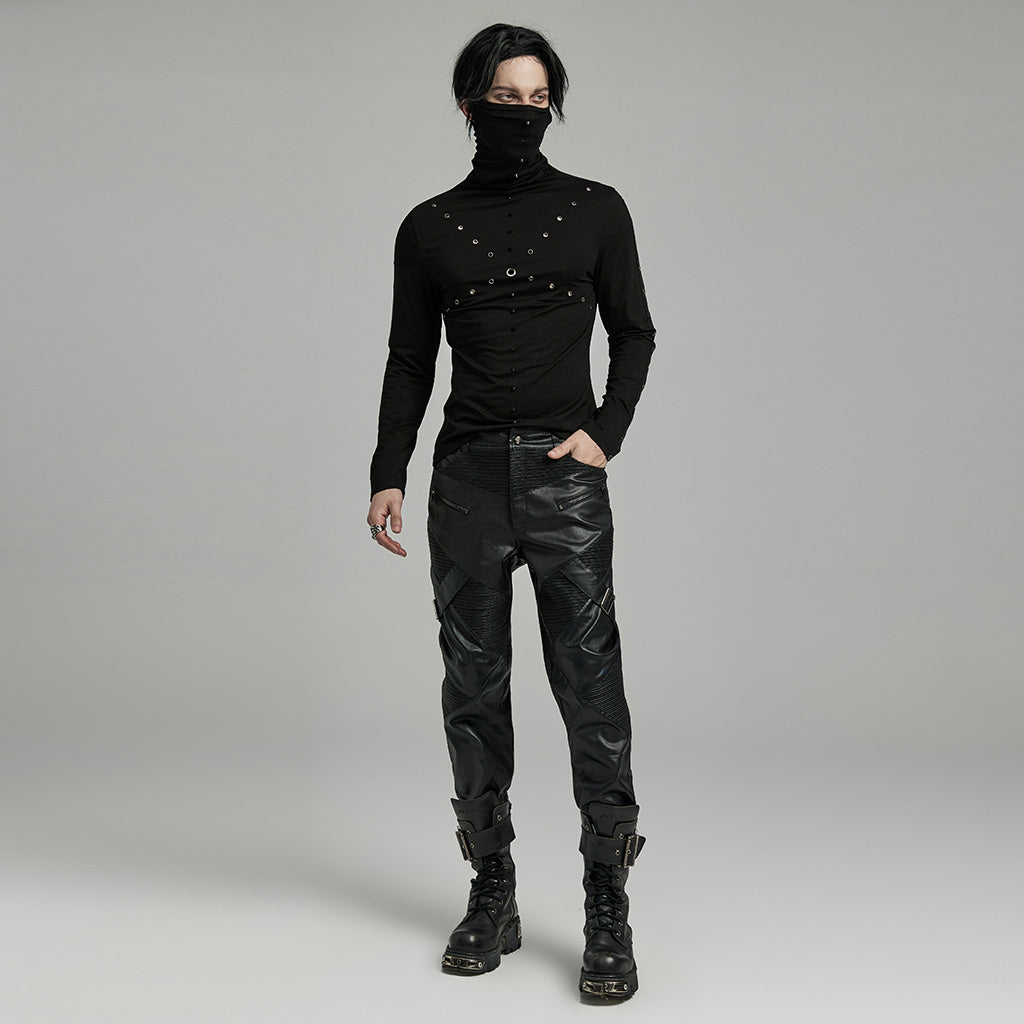 WK-624PCM Mens Slim Fit black Faux Leather Punk Pants