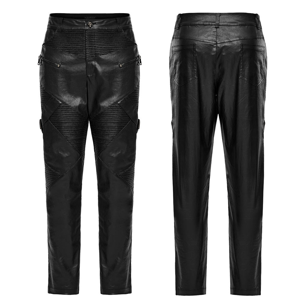 WK-624PCM Mens Slim Fit black Faux Leather Punk Pants?-??Punk Rave Clothing
