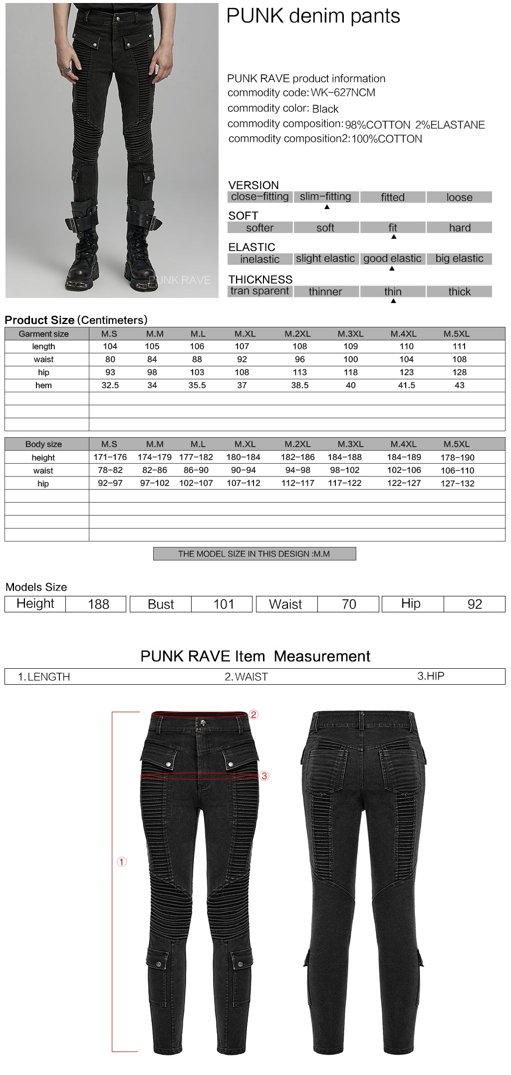 WK-627NCM Mens black Biker Punk Pants with Ribbed Detail and Pockets