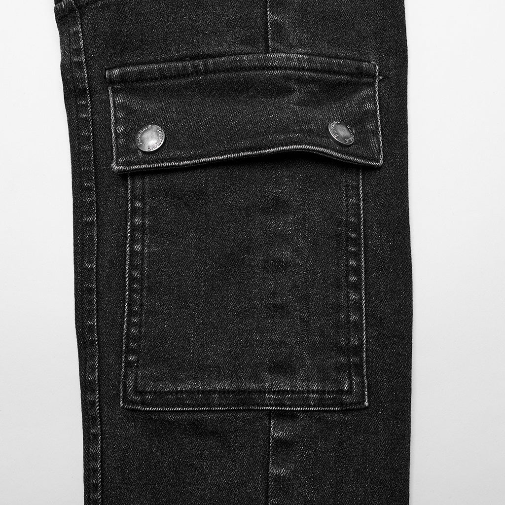 WK-627NCM Mens black Biker Punk Pants with Ribbed Detail and Pockets?-??Punk Rave Clothing