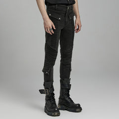 WK-627NCM Mens black Biker Punk Pants with Ribbed Detail and Pockets