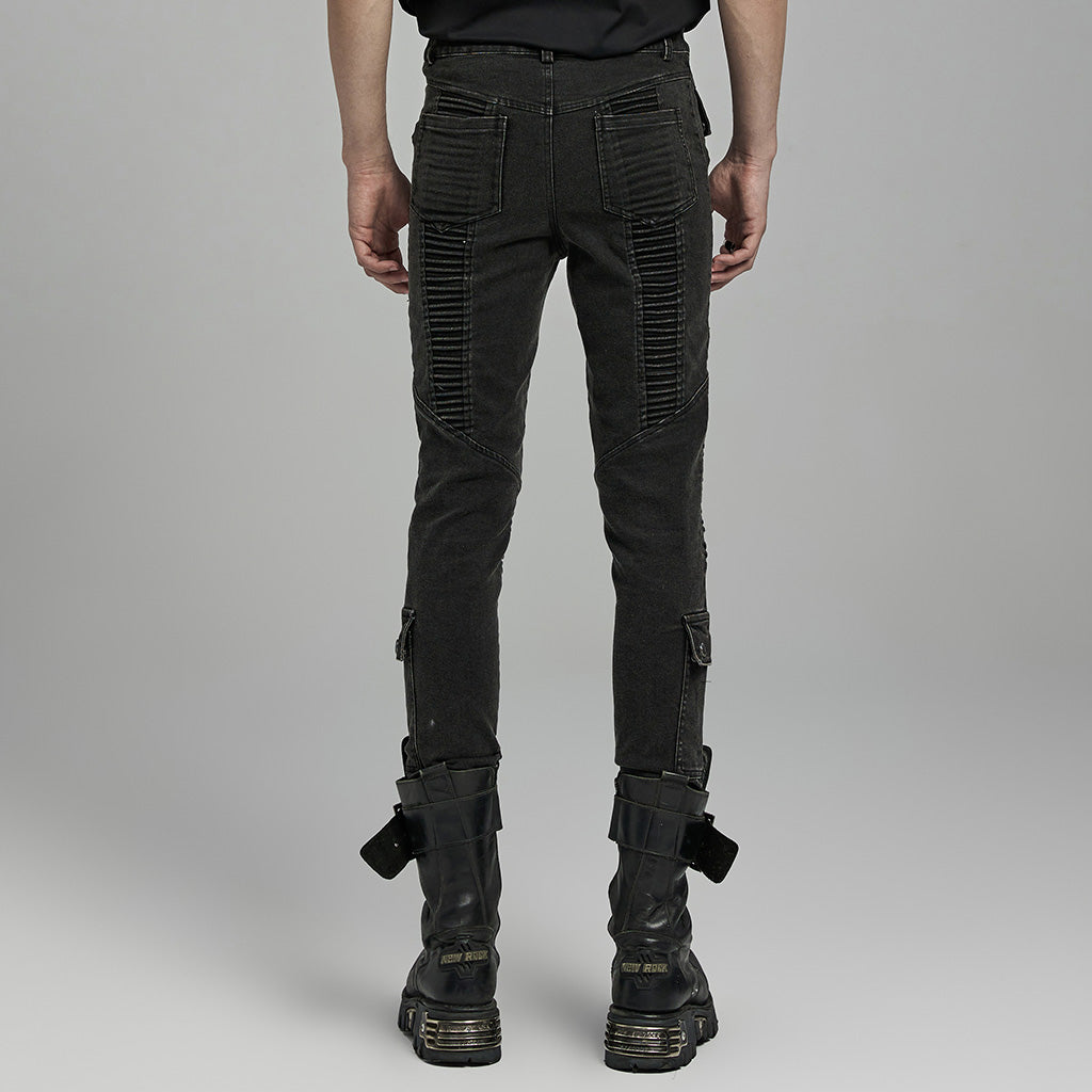 WK-627NCM Mens black Biker Punk Pants with Ribbed Detail and Pockets