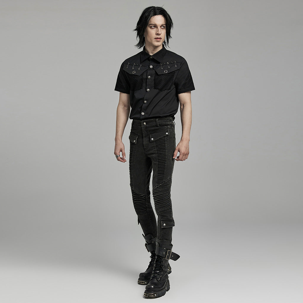 WK-627NCM Mens black Biker Punk Pants with Ribbed Detail and Pockets