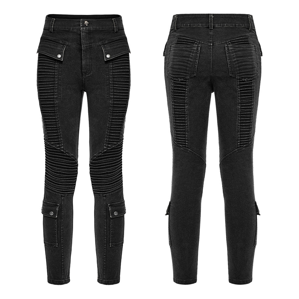 WK-627NCM Mens black Biker Punk Pants with Ribbed Detail and Pockets?-??Punk Rave Clothing