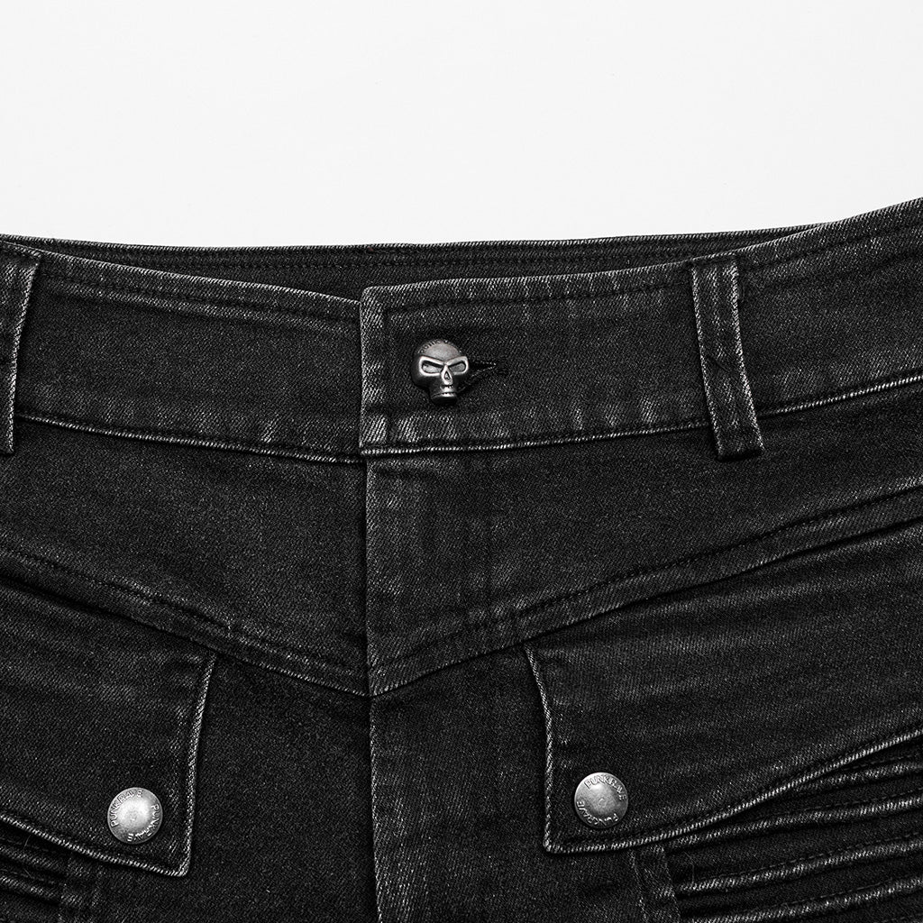 WK-627NCM Mens black Biker Punk Pants with Ribbed Detail and Pockets?-??Punk Rave Clothing