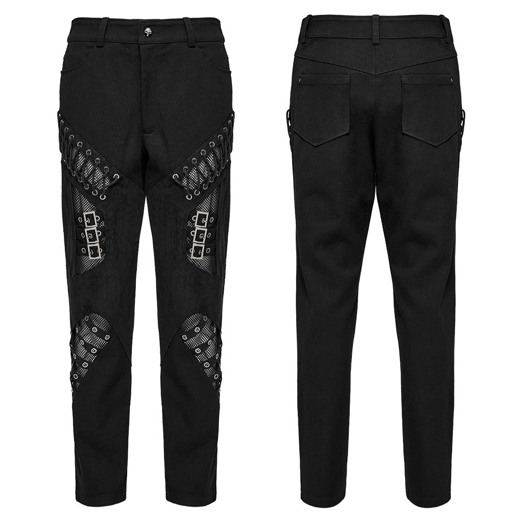 WK-629XCM Gothic Buckle Strap Punk Pants with Lace-Up Details?-??Punk Rave Clothing
