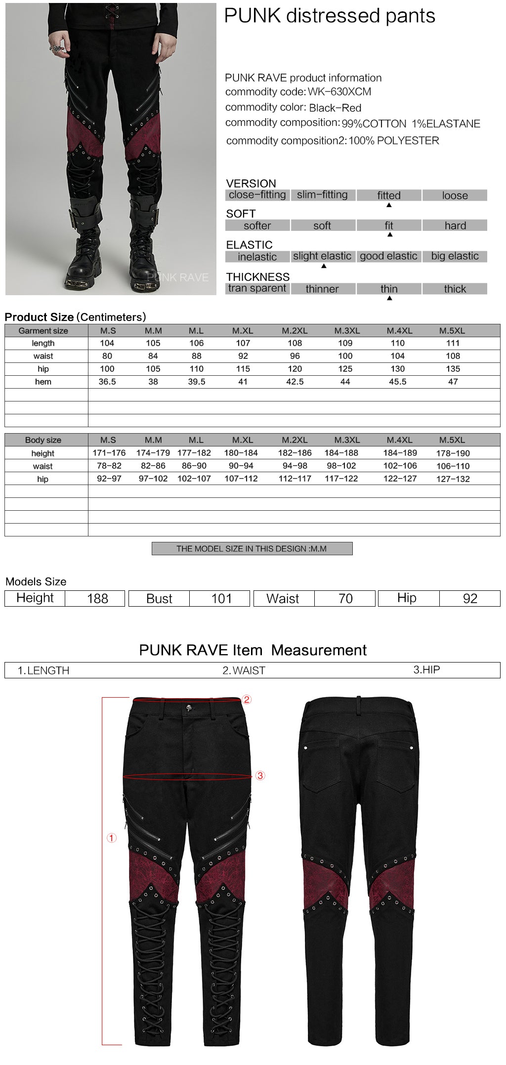 WK-630XCM Gothic black-Red Punk Pants with Lace-Up Rivet Details