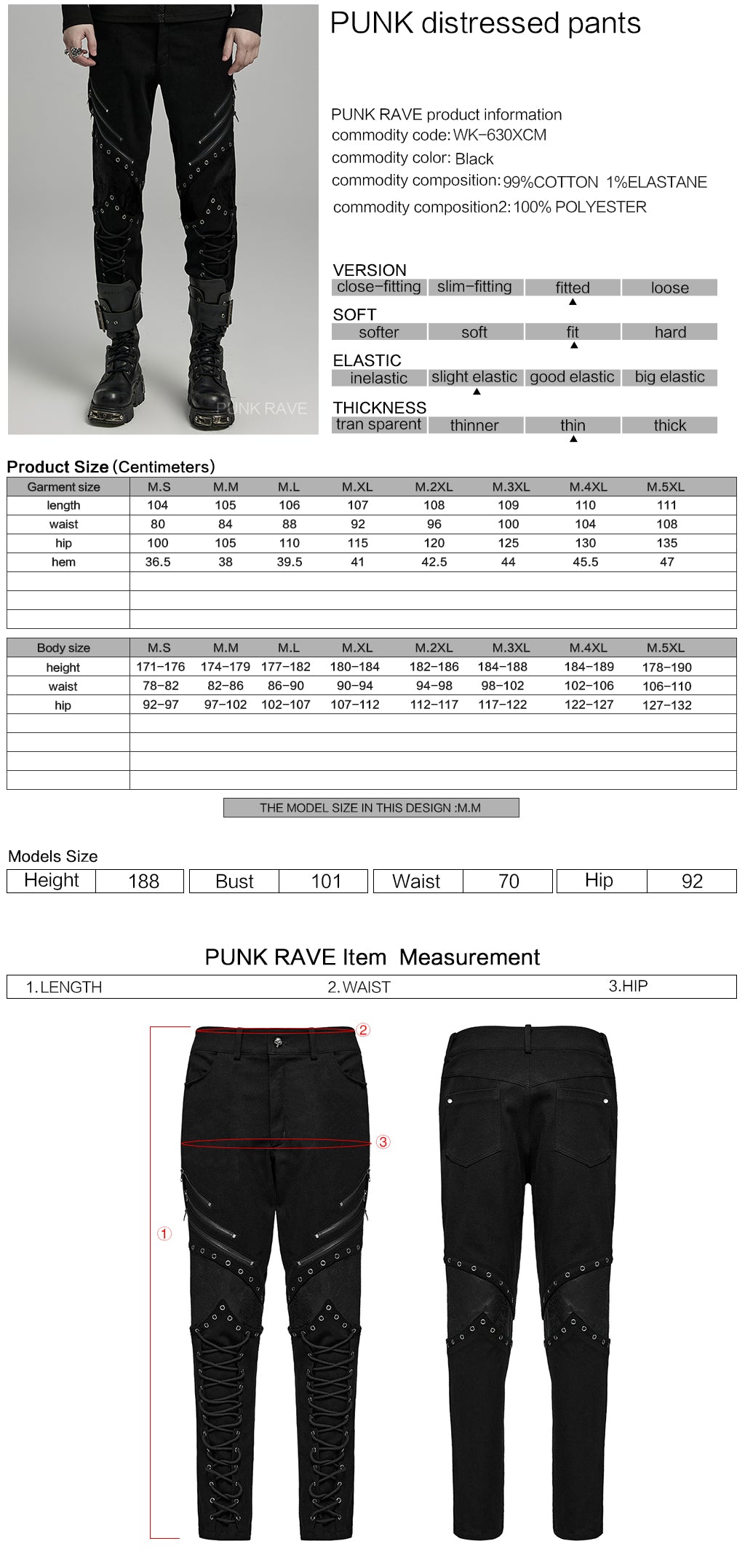 WK-630XCM Gothic black-Red Punk Pants with Lace-Up Rivet Details