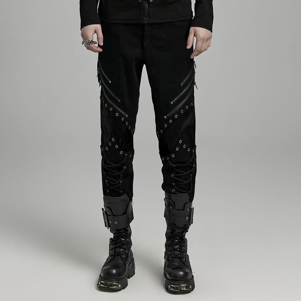 WK-630XCM Gothic black-Red Punk Pants with Lace-Up Rivet Details