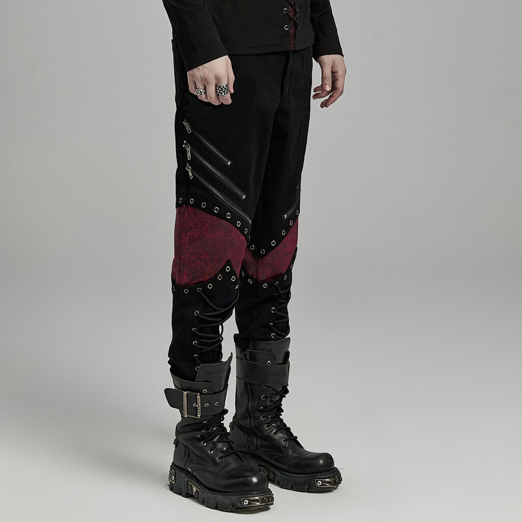 WK-630XCM Gothic black-Red Punk Pants with Lace-Up Rivet Details