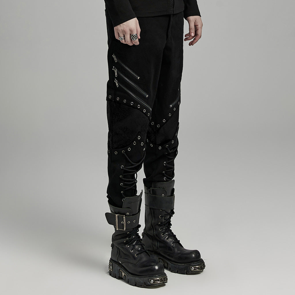 WK-630XCM Gothic black-Red Punk Pants with Lace-Up Rivet Details