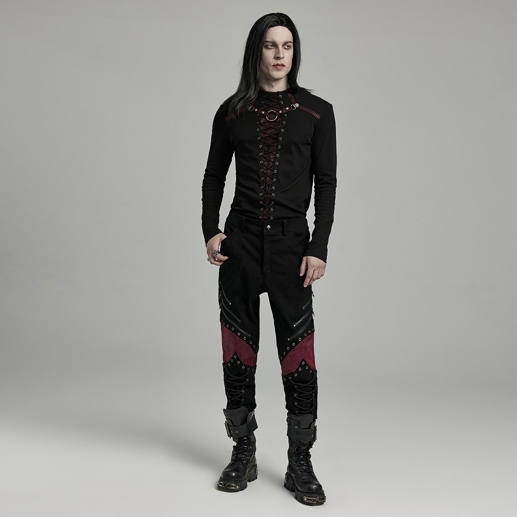 WK-630XCM Gothic black-Red Punk Pants with Lace-Up Rivet Details