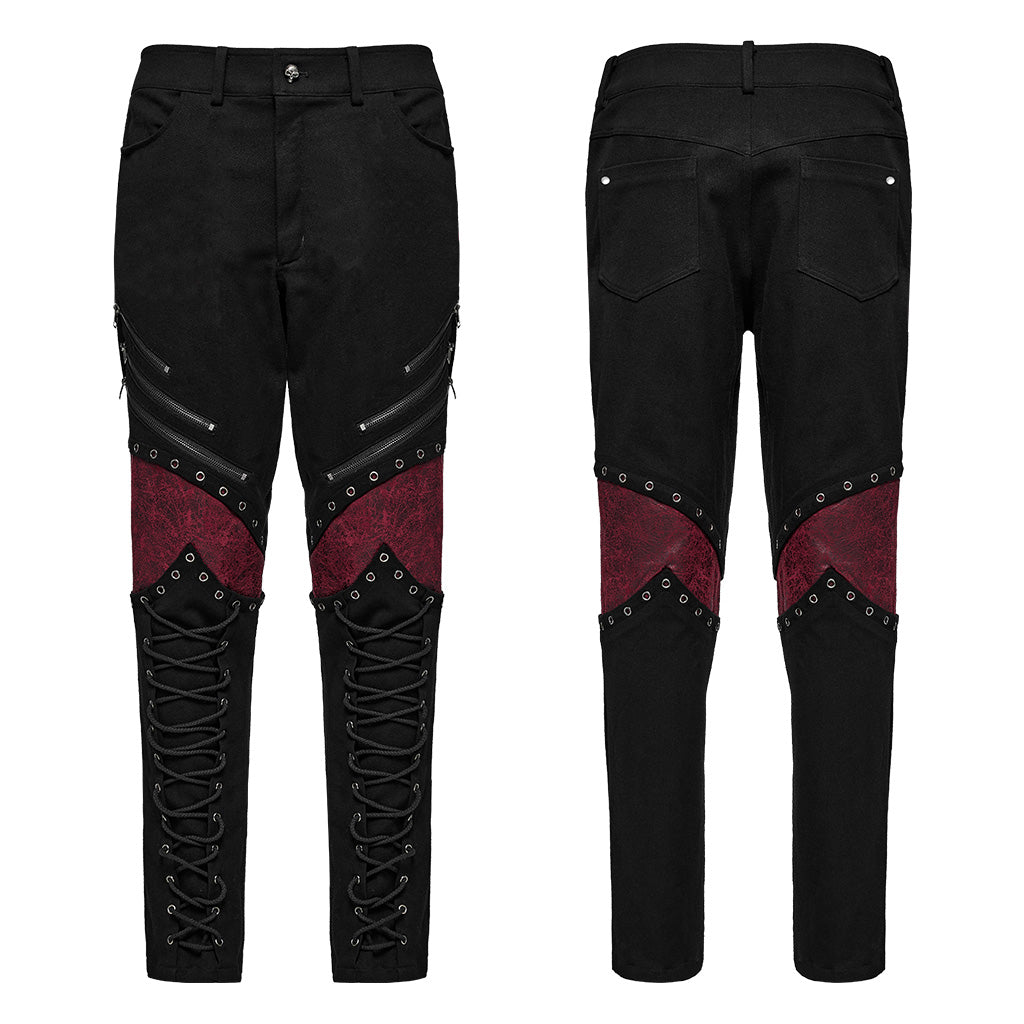 WK-630XCM Gothic black-Red Punk Pants with Lace-Up Rivet Details