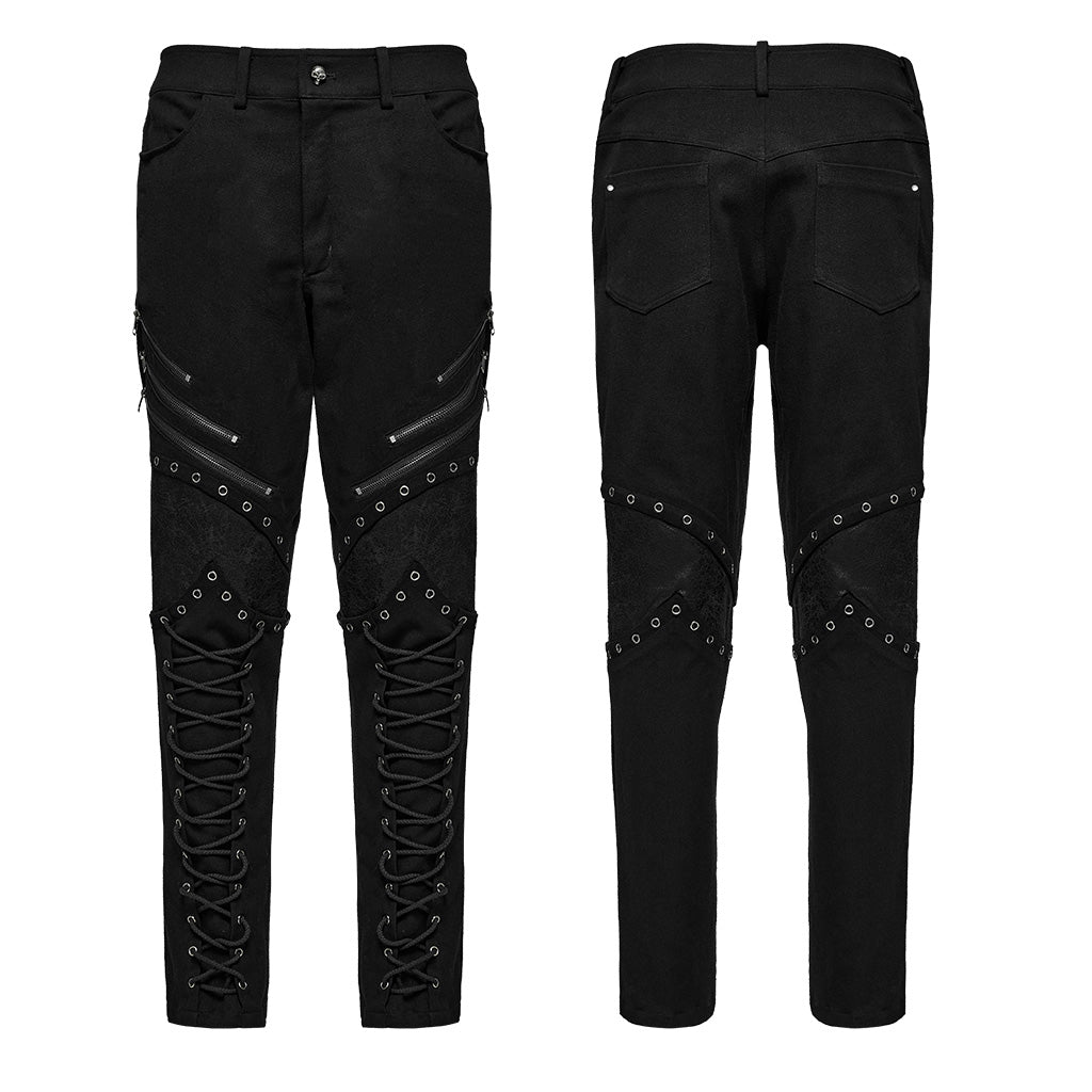 WK-630XCM Gothic black-Red Punk Pants with Lace-Up Rivet Details