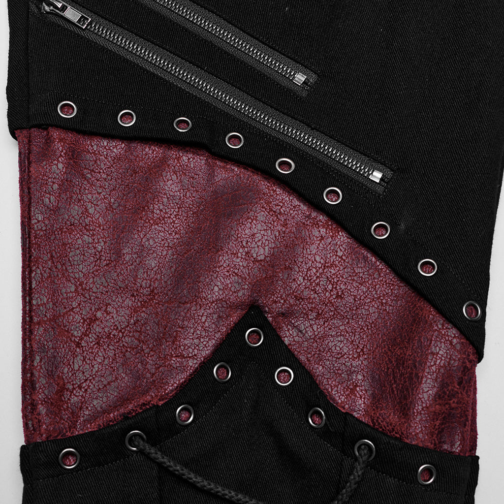 WK-630XCM Gothic black-Red Punk Pants with Lace-Up Rivet Details?-??Punk Rave Clothing