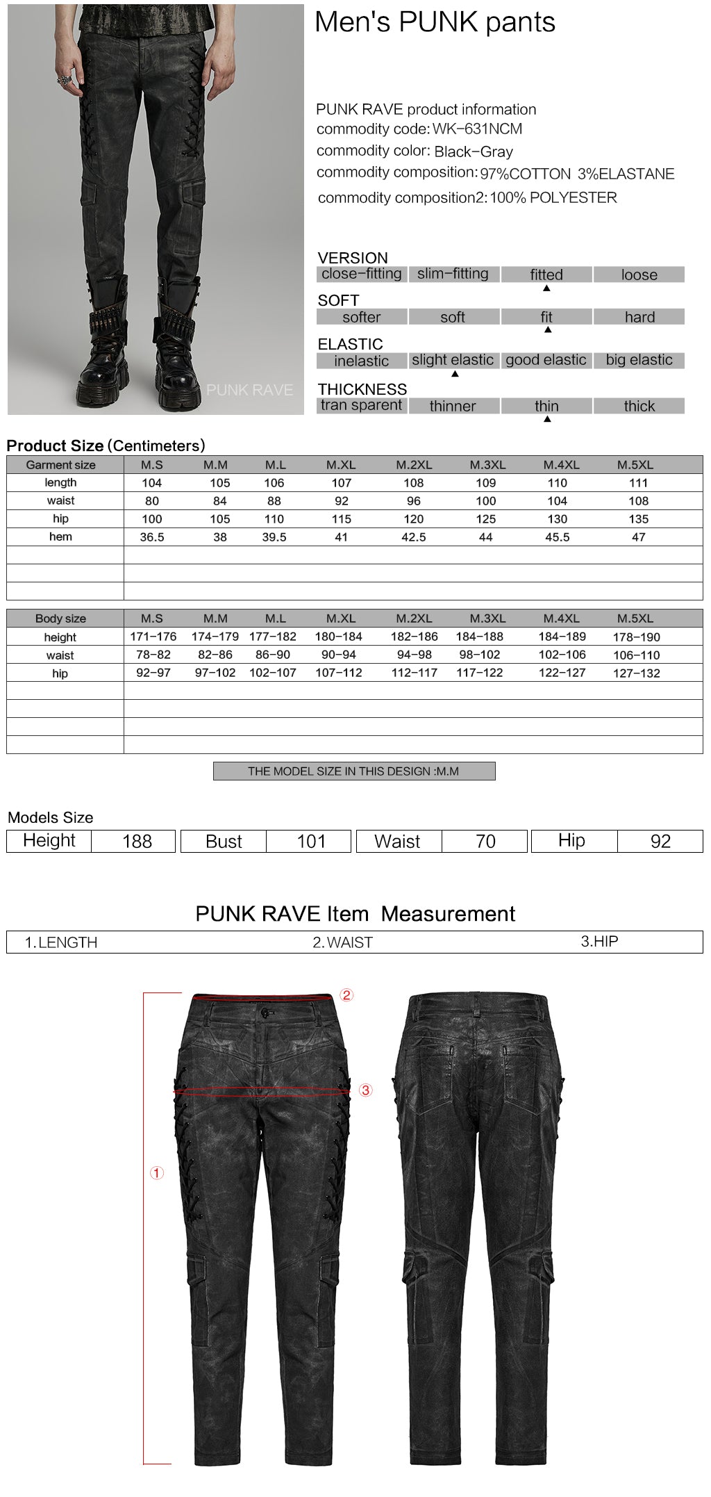 WK-631NCM Edgy black Gray Slim-Fit Punk Pants with Lace Details